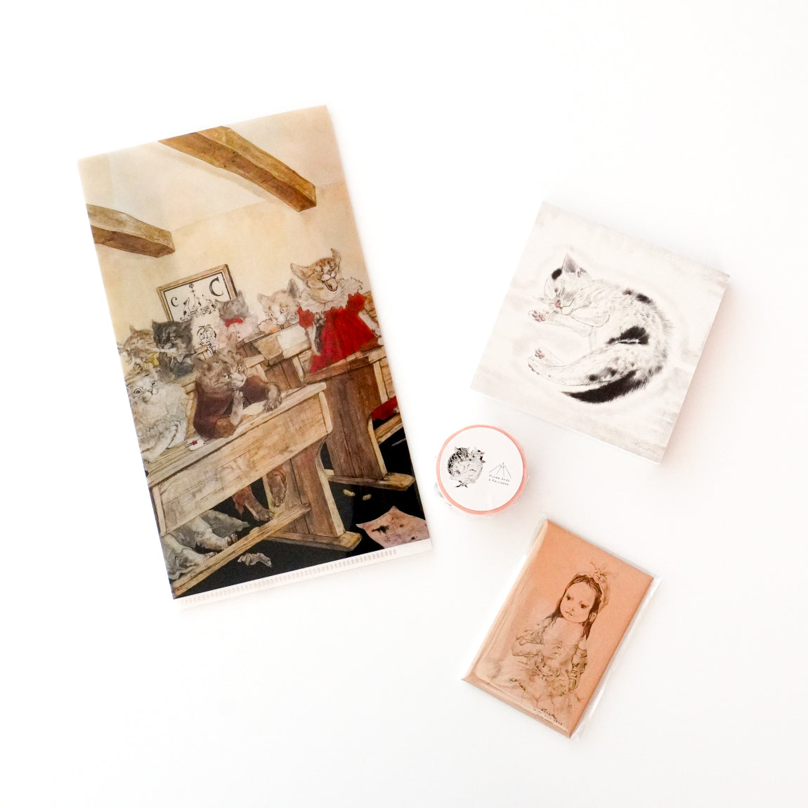 [Mother's Day Gift] Ticket folder Cat Classroom + Masking tape + Magnet Young Greco holding a cat + Memo Sleeping kitten from "Ten forms of cats"