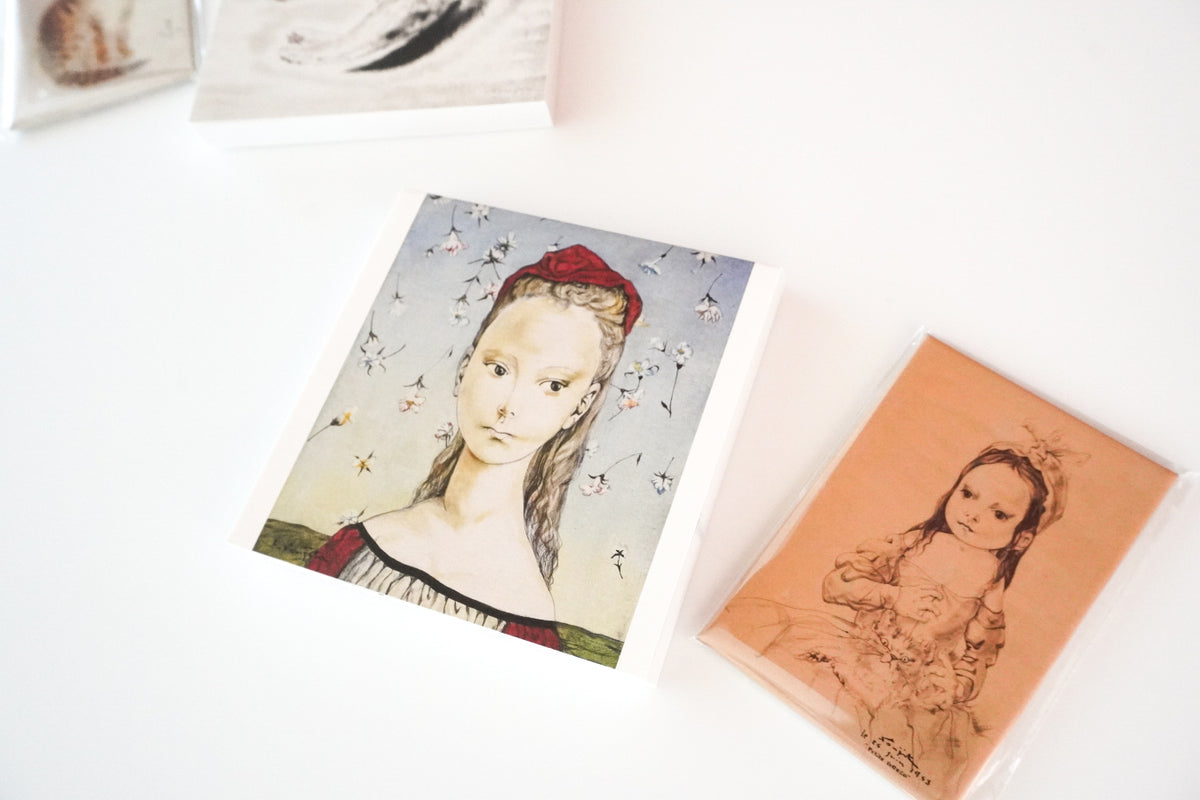 [Mother's Day Gift] Memo: Girl among dancing flowers + Magnet: Young Greco holding a cat